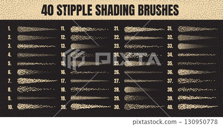 Ink scatter brush, stipple drawing and texturing. Fading gradient. Stippling, dotwork drawing, shading using dots. Halftone disintegration effect. White noise grainy texture. Vector illustration Ink scatter brush, stipple drawing and texturing. Fading gradient. Stippling, dotwork drawing, shading using dots. Halftone disintegration effect. White noise grainy texture. Vector illustration 130950778