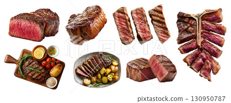 Set of beef steak meat, tomahawk T-bone sirloin Wagyu tenderloin ribeye, sliced, barbeque bbq grilled, on serving wooden board, plate isolated on transparent cutout PNG. Mockup template 130950787
