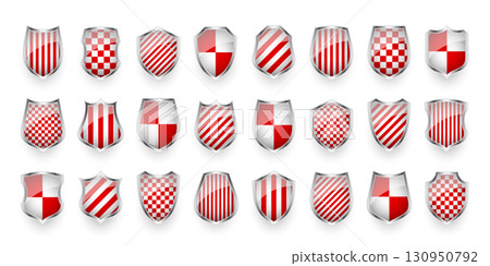 Glossy shields with red and black white. Security and protection concept. Cyber safety icons, internet privacy, web defense, digital data protection and antivirus themes. Vector illustration Glossy shields with red and black white. Security and protection concept. Cyber safety icons, internet privacy, web defense, digital data protection and antivirus themes. Vector illustration 130950792