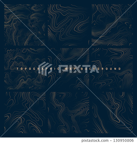 Colorful topographic maps with contour lines. Geographic terrain grid, relief height elevation. Ground path pattern. Travel and navigation, cartography design element. Vector illustration 130950806