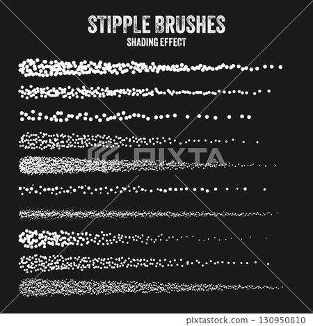 Ink scatter brush, stipple drawing and texturing. Fading gradient. Stippling, dotwork drawing, shading using dots. Halftone disintegration effect. White noise grainy texture. Vector illustration 130950810