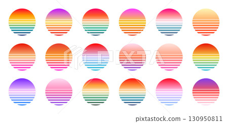 Vintage colorful sunset. Striped gradient sunrise badges in 80s and 90s style. Sun and ocean view, summer vibes, surfing. Design element for print, logo or t-shirt. Vector illustration 130950811