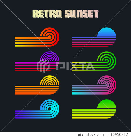 Vintage colorful sunset. Various gradient striped sunrise badges in 80s and 90s style. Sun and ocean view, summer vibes, surfing. Design element for print, logo or t-shirt. Vector illustration 130950812