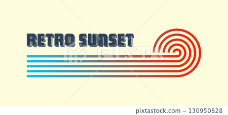 Vintage colorful sunset. Various gradient striped sunrise badges in 80s and 90s style. Sun and ocean view, summer vibes, surfing. Design element for print, logo or t-shirt. Vector illustration 130950828