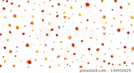 Autumn flying and falling leaves background with colorful seasonal foliage in red, orange, and yellow. Perfect for nature themes, seasonal sales, posters. Vector illustration 130950829