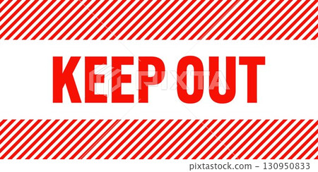 Warning sign with red and white diagonal lines. Attention, danger or caution symbol. Construction site signage, road safety notice, hazard banner, security alert shield. Vector illustration 130950833