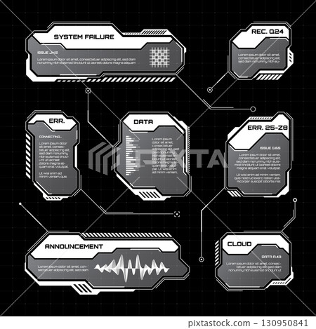 White futuristic HUD, UI elements. Sci-fi user interface text boxes, callouts. Warning message frames, information boxes template. Modern game interface layout in digital style. Vector illustration 130950841