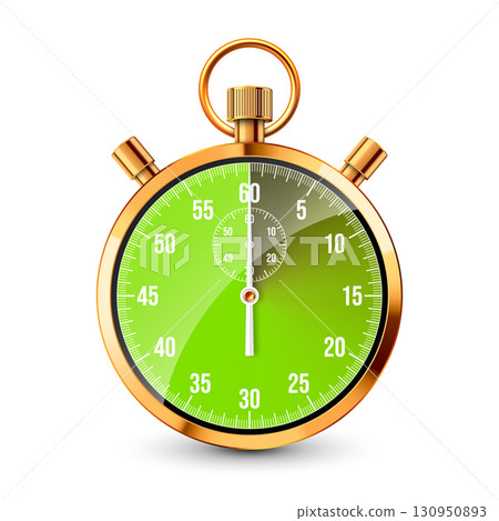 Realistic classic stopwatch. Shiny golden metal chronometer, time counter with dial. Green countdown timer showing minutes and seconds. Time measurement for sport, start, finish. Vector illustration Realistic classic stopwatch. Shiny golden metal chronometer, time counter with dial. Green countdown timer showing minutes and seconds. Time measurement for sport, start, finish. Vector illustration 130950893