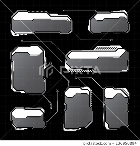 White futuristic HUD, UI elements. Sci-fi user interface text boxes, callouts. Warning message frames, information boxes template. Modern game interface layout in digital style. Vector illustration 130950894