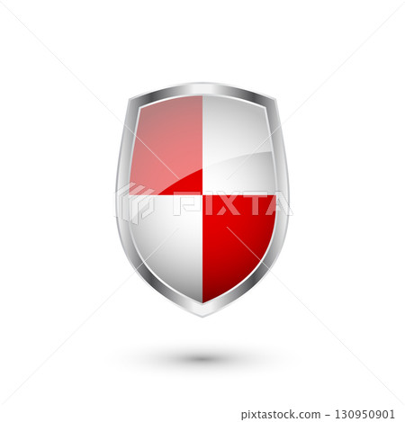 Glossy shield with red and black pattern. Security and protection concept. Cyber safety icons, internet privacy, web defense, digital data protection and antivirus themes. Vector illustration Glossy shield with red and black pattern. Security and protection concept. Cyber safety icons, internet privacy, web defense, digital data protection and antivirus themes. Vector illustration 130950901