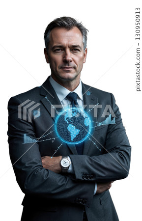A white male executive in a sleek charcoal gray suit, with holographic data charts and global business connections lighting up 130950913