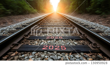 The train tracks lead to the future, illuminated by bright light and surrounded by lush green trees. The train tracks lead to the future, illuminated by bright light and surrounded by lush green trees. 130950928