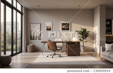 Modern home office with a floating wooden desk, ergonomic chair, and soft, muted decor. Task lighting over the desk provides ideal workspace illumination, Modern home office with a floating wooden desk, ergonomic chair, and soft, muted decor. Task lighting over the desk provides ideal workspace illumination, 130950934