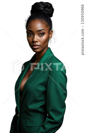 A Black female entrepreneur in an emerald green suit, with data projections of global market expansion and financial success radiating 130950966