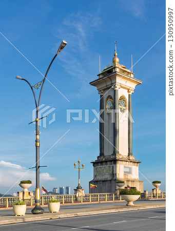 Ornate architectural tower and streetlights on Seri Gemilang Bridge, Putrajaya, Malaysia Ornate architectural tower and streetlights on Seri Gemilang Bridge, Putrajaya, Malaysia 130950997