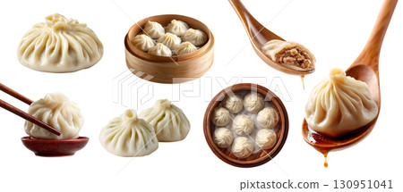 Set of Xiao Long Bao baozi, tangbao, soup dumplings, Chinese steamed bun, broth and meat filling, spoon chopstick, steam boil isolated on transparent cutout PNG. Many different Mockup 130951041