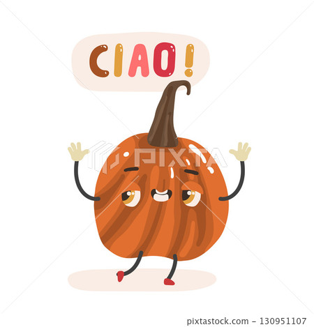 Vector illustration cute funny character pumpkin with a ciao quote, on a white background 130951107
