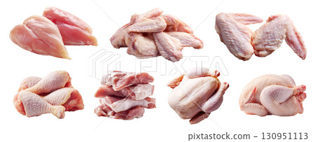 Set of fresh raw white meat, chicken turkey wing whole drumstick thigh breast, sliced chop cut pile isolated on transparent cutout PNG file. Many different cut. Mockup template  130951113