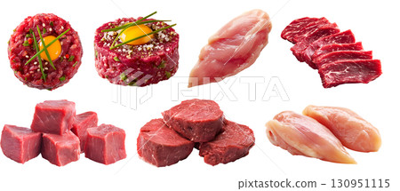 Set of fresh raw white and red meat, chicken turkey steak beef pork lamb tartare wagyu tenderloin, sliced pile minced isolated on transparent cutout PNG. Many different cut. Mockup 130951115