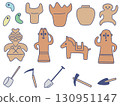 Illustration set of earthenware, haniwa, and excavation tools 130951147