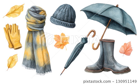 Watercolor illustration of cozy autumn accessories including scarf, gloves, umbrella, hat, and rubber boots with leaves. Isolated on transparent background. PNG, cutout Watercolor illustration of cozy autumn accessories including scarf, gloves, umbrella, hat, and rubber boots with leaves. Isolated on transparent background. PNG, cutout 130951149