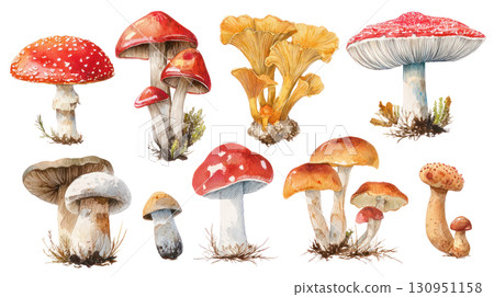 Colorful mushroom illustration featuring various species with distinct shapes and textures in a natural setting. Isolated on transparent background. PNG, cutout 130951158
