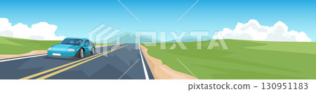 Landscape of sedan car on straight path ahead of the asphalt road.  130951183
