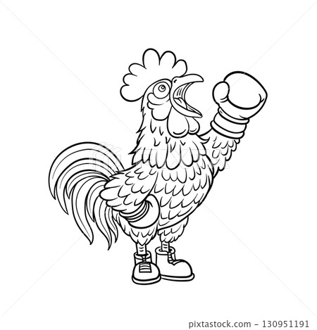 Black and white cartoon of a chicken wearing boxing gloves 130951191