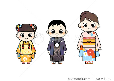 A colorful hand-drawn illustration of a girl in a four-piece kimono, a boy in a haori and hakama, and a young girl in a hifu kimono A colorful hand-drawn illustration of a girl in a four-piece kimono, a boy in a haori and hakama, and a young girl in a hifu kimono 130951289