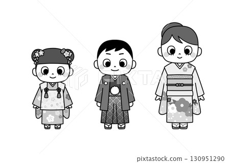 A monochrome, hand-drawn illustration of a girl in a four-piece kimono, a boy in a haori and hakama, and a young girl in a hifu kimono. 130951290