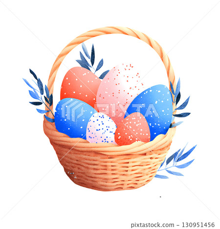 Colorful Easter egg basket with blue leaves, festive 130951456