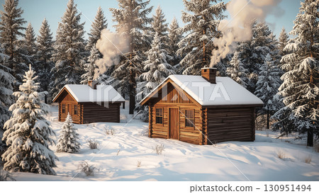 Rustic wooden cabins with snow covered roofs and smoke rising from chimneys in winter forest, cozy countryside retreat among frosted pine trees under clear cold sky. 130951494