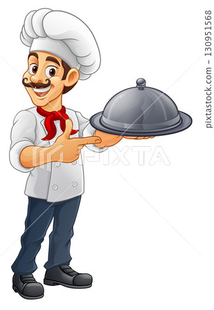 Chef Baker Cook Plate Cloche Cartoon Man Pointing 130951568
