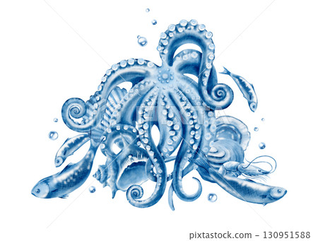 Marine life in blue monochrome-an octopus,oysters,sardines,shrimp,seashells with air bubbles,hand-drawn in a watercolor composition for fish restaurants and markets.For packaging, isolated on a white 130951588