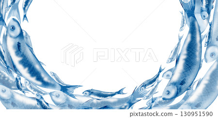 Sardine fish in a semicircular frame swimming in a shoal stylized watercolor illustration on a transparent background for fish restaurants, websites, posters, fish markets and stores 130951590