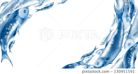 Sardine fish in diagonal template swimming in a shoal stylized watercolor illustration in blue and white monochrome for fish restaurants, websites, posters, fish markets and stores Sardine fish in diagonal template swimming in a shoal stylized watercolor illustration in blue and white monochrome for fish restaurants, websites, posters, fish markets and stores 130951591