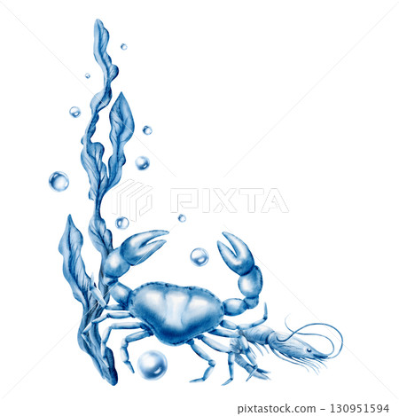 Seafood corner composition featuring crab,shrimp,seaweed,air bubbles,captured in soft blue monochrome.Hand-drawn watercolor clipart isolated on white for fish restaurant menu or marine parties 130951594