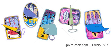 Retro sardine cans set isolated on white 130951834