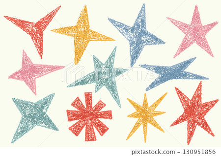 Hand-drawn stars set with chalk and pastel pencil texture. Doodle grunge cute stickers for collage. Kids color drawing of bling and twinkles. Retro sparkles 130951856