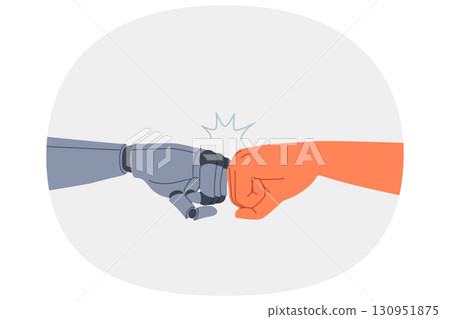 Synergy of robot and human joining fists as sign of solidarity and willingness to cooperate Synergy of robot and human joining fists as sign of solidarity and willingness to cooperate 130951875