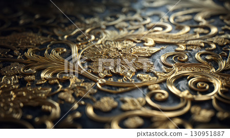 Ornate gold floral pattern on dark background, showcasing intricate swirling designs and elegant craftsmanship 130951887