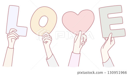 Hands that are lovingly holding letters which spell the word Love along with a Heart Symbol 130951966