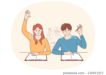 Students receive education, sitting at desks at university and raising hands up. 130951971