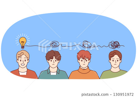 Men brainstorm together and organize chaotic thoughts into idea in form of light bulb above heads 130951972
