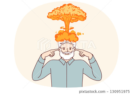 Explosion of brain in elderly man who has experienced severe strain on intellect and covers ears Explosion of brain in elderly man who has experienced severe strain on intellect and covers ears 130951975
