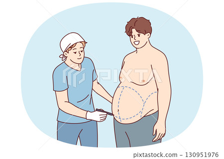 Preparation for liposuction for fat man who wants to get rid of excess weight and saggy belly 130951976