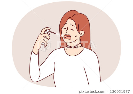 Cough spray is used by woman to cure infection and kill viruses in mouth after contracting flu 130951977