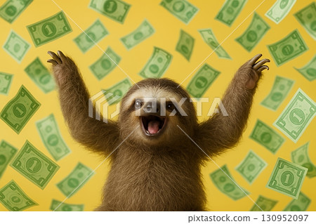 一隻樹懶被金錢包圍,非常快樂。財富、成功、收入。 一隻樹懶被金錢包圍,非常快樂。財富、成功、收入。 130952097