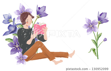 Bellflower flower and a woman reading 130952099