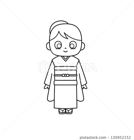 Illustration of a girl in a four-piece kimono (line drawing) that can be used for Shichi-Go-San and New Year's 130952152